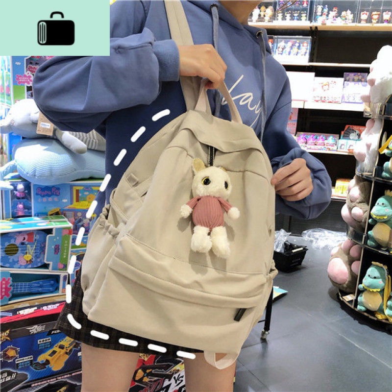 ins风书包女韩版高中原宿森系大学生百搭小清新双肩包女帆布背包NEW LAKE 米色大号带挂架