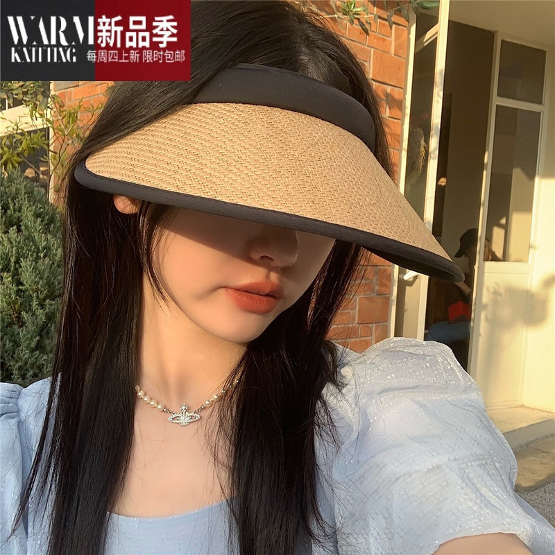 shanchao硬顶大檐遮阳帽女草编帽夏季骑车遮脸空顶帽太阳帽子