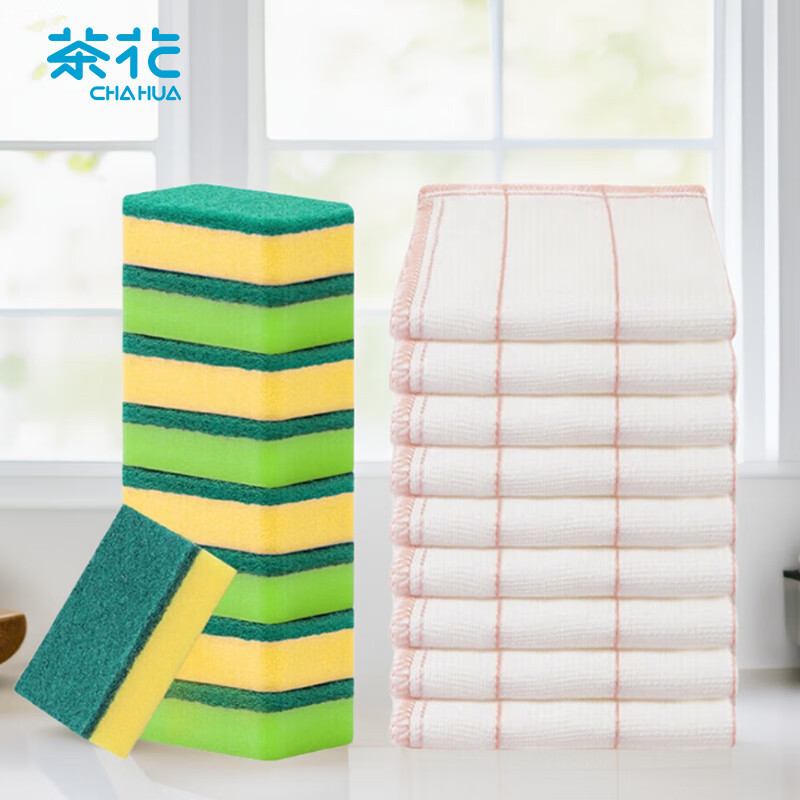 茶花(CHAHUA)抹布5片30*30cm+洗碗海绵8片百洁布 B0001P+B4501P