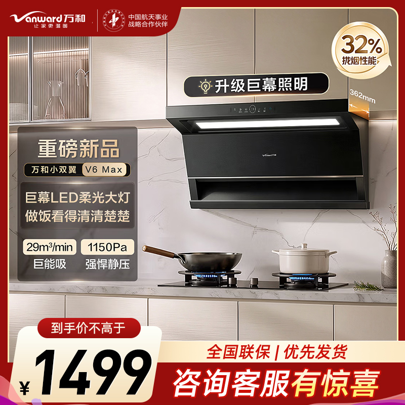 万和[小双翼V6 Max·巨幕照明]顶侧双吸抽排29风量大吸力一级能效变频家用油烟机高清大图