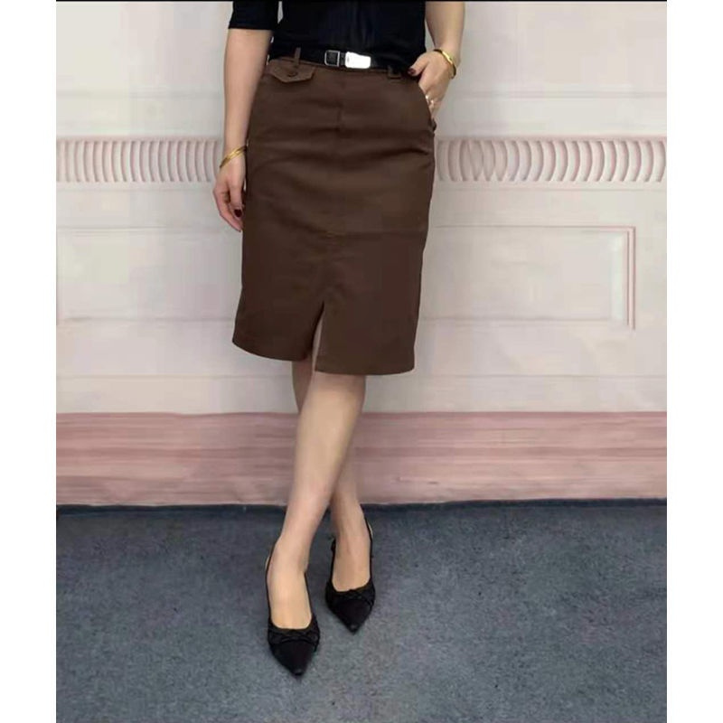 桥响女装#松紧高腰休闲半身裙早秋宽松洋气A字裙包臀遮垮开叉裙子 棕色 26-90-110
