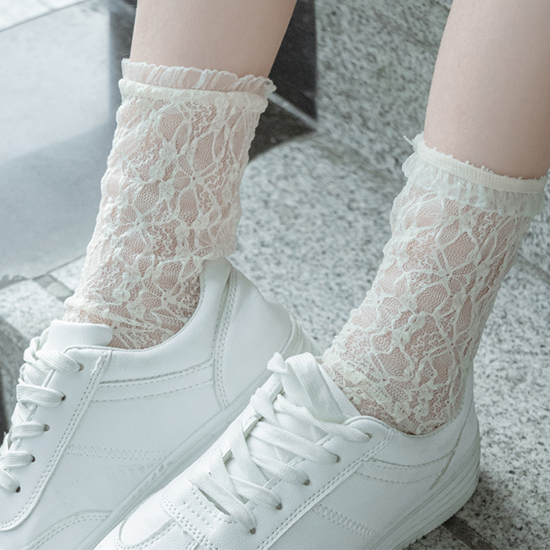 白色蕾丝网纱jk中筒袜春夏季薄款日系可爱ins潮夏天堆堆袜
