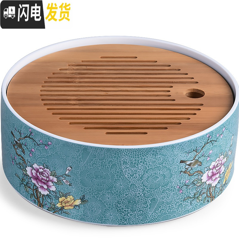 三维工匠家用简约功夫茶具扒花干泡大号茶盘套装储水日式竹制茶托盘 大号藏蓝悠品干泡盘