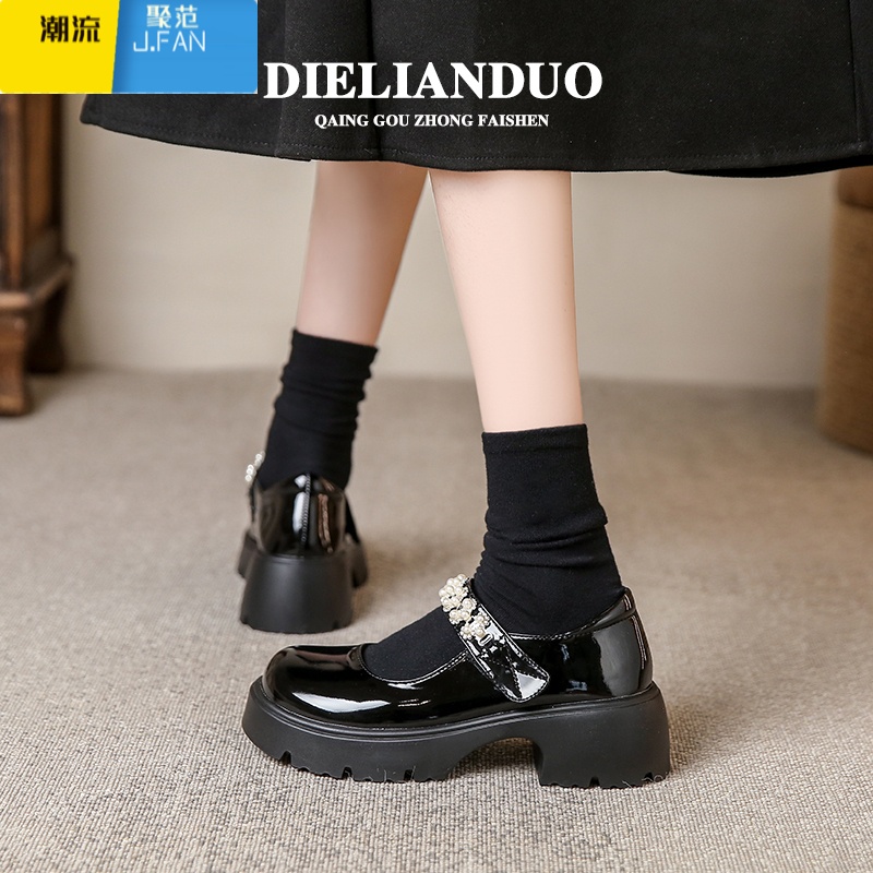 聚范玛丽珍小皮鞋女款2024新款夏季厚底女鞋子百搭黑色单鞋粗跟高跟鞋高清大图