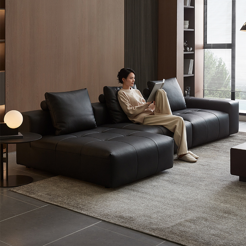 全友家居现代简约头层牛皮黑色真皮沙发客厅大小户型直排式沙发