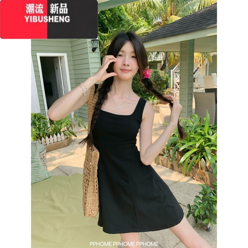 YIBUSHENG自制~露思小A裙 带胸垫背心连衣裙显瘦收腰短袖连衣裙短裙