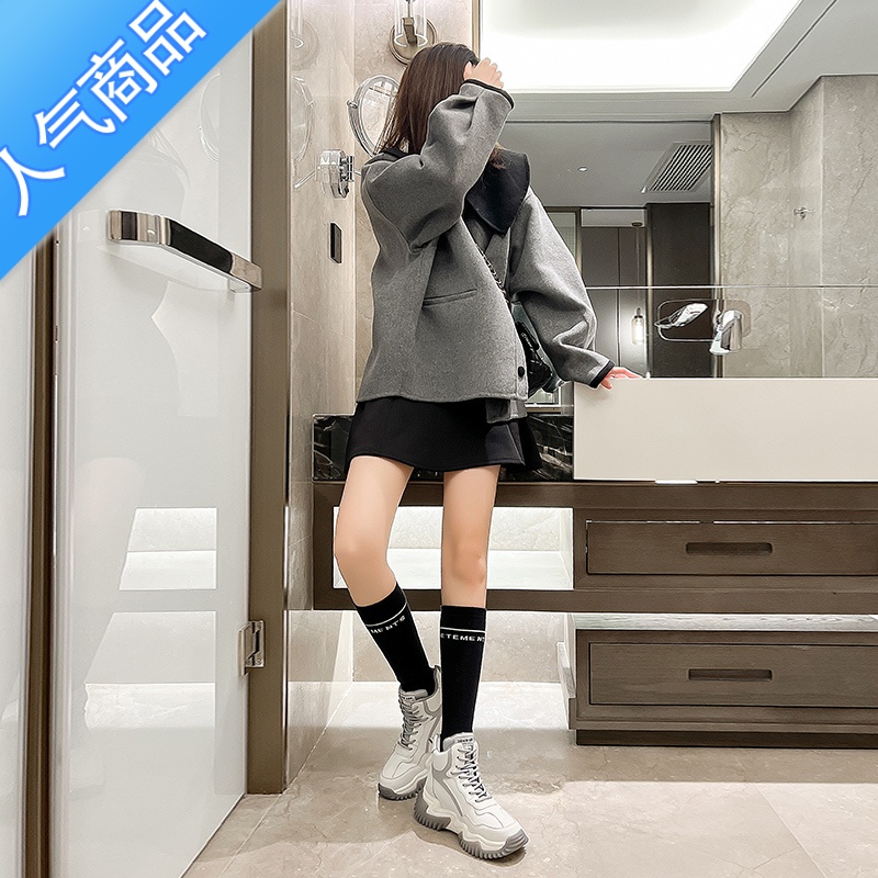 SUNTEK高帮女鞋2023年新款小白鞋加绒保暖大棉鞋厚底休闲运动老爹鞋高清大图