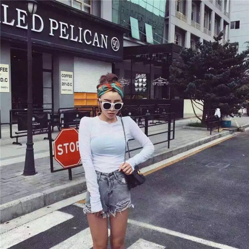 春夏新款薄修身显瘦性感堆堆袖打底衫百搭纯色T恤女上衣白色均码