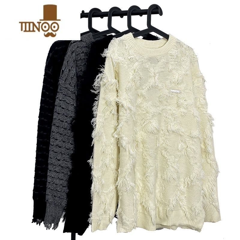 YANXU国潮先生 款美式复古流苏毛边针织毛衣男潮牌设计感小众外套图片