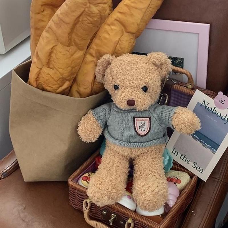 韩国ins可爱条纹毛绒小熊红色毛衣泰迪公仔抖音玩偶