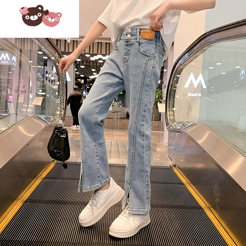 绿彩虹光女童裤子薄款夏2022年洋气儿童休闲裤潮春秋时髦喇叭裤童装牛仔裤