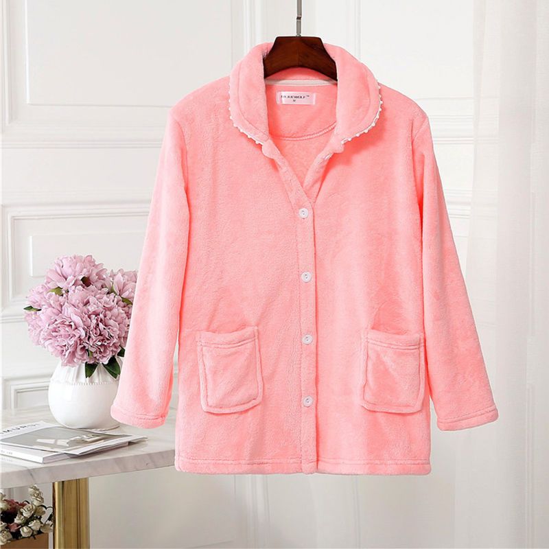 法兰绒单件秋冬睡衣女上衣加大加厚保暖发热毛绒开衫珊瑚绒家居服白底