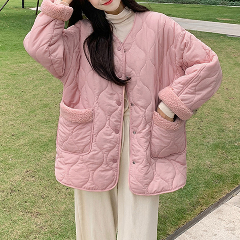 [1.5折价106元]唐狮冬季棉服女韩系无子口袋拼接菱形格棉衣ins潮