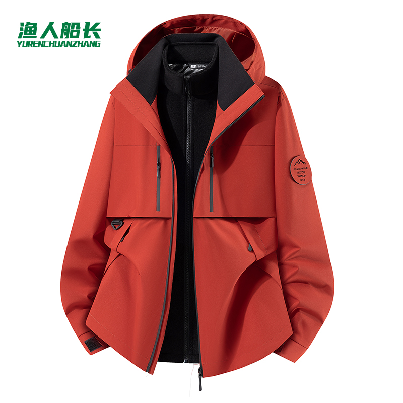 渔人船长户外情侣款冲锋衣男女三合一防风保暖可拆卸登山服两件套 深桔红 S