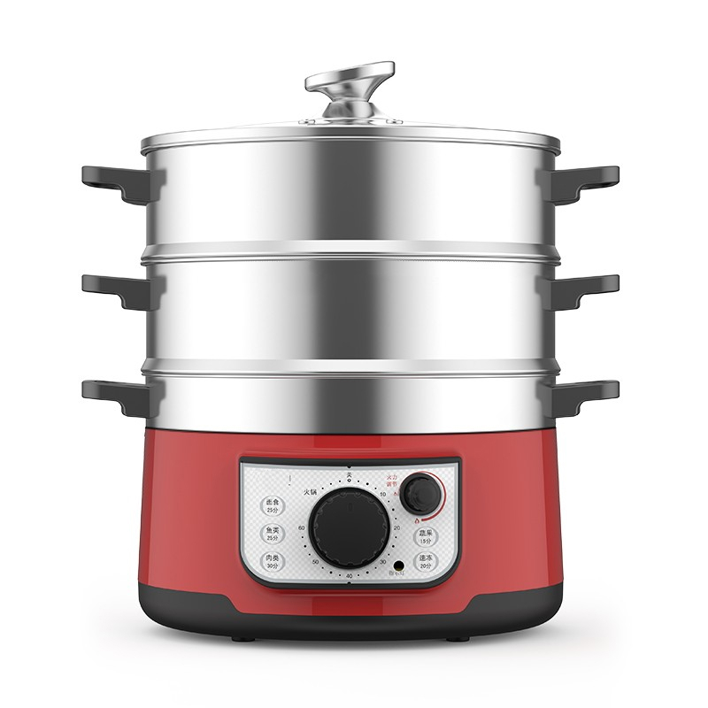 全自动电蒸锅多功能家法耐fanai用电蒸笼三层大容量蒸汽锅蒸菜红色底