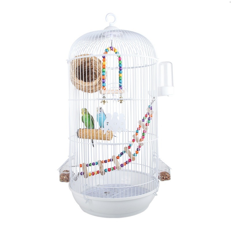 八哥玄凤牡丹虎皮鹦鹉笼子别墅文鸟繁殖笼虎皮鹦鹉金属鸟笼小大号 默认颜色 欧洲艺术圆笼大号白色+草窝+喂水器