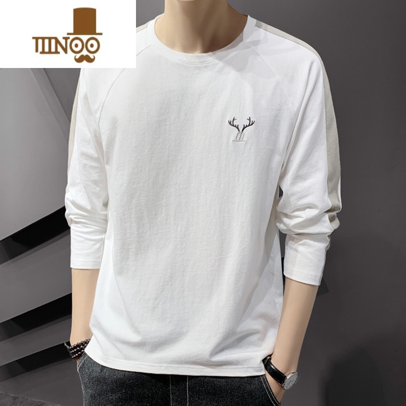 YANXUt恤男长袖潮牌春装打底衫男生简单款秋衣刺绣圆领体恤T高清大图