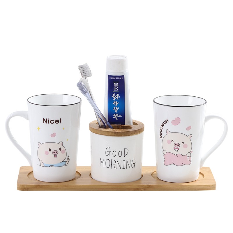 漱口杯陶瓷情侣刷牙杯一对创意洗漱杯子套装牙刷杯卡通可爱家用 三维工匠 Nice+牙杯+Dellclous四件套高清大图