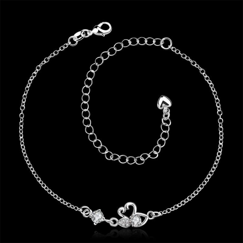 A008 Silver Anklet白锆石镀纯银脚链小清新气质脚饰品爱心天鹅女送女朋友七夕情人节礼物