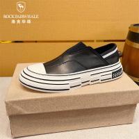 Rock Fairwhale洛克华菲 新品夏季男士休闲鞋低帮套脚小白鞋男真皮韩版板鞋男潮透气厚底男鞋 黑色 42码