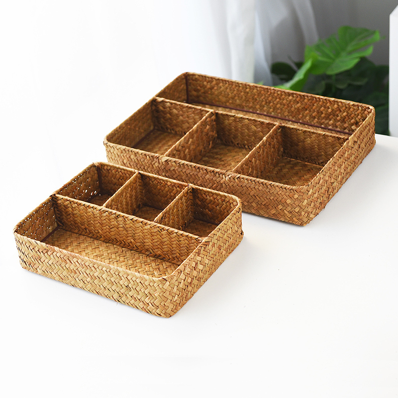 家柏饰(CORATED)四格海编桌面收纳盒分隔分格收纳筐整理盒复古杂物盒子高清大图