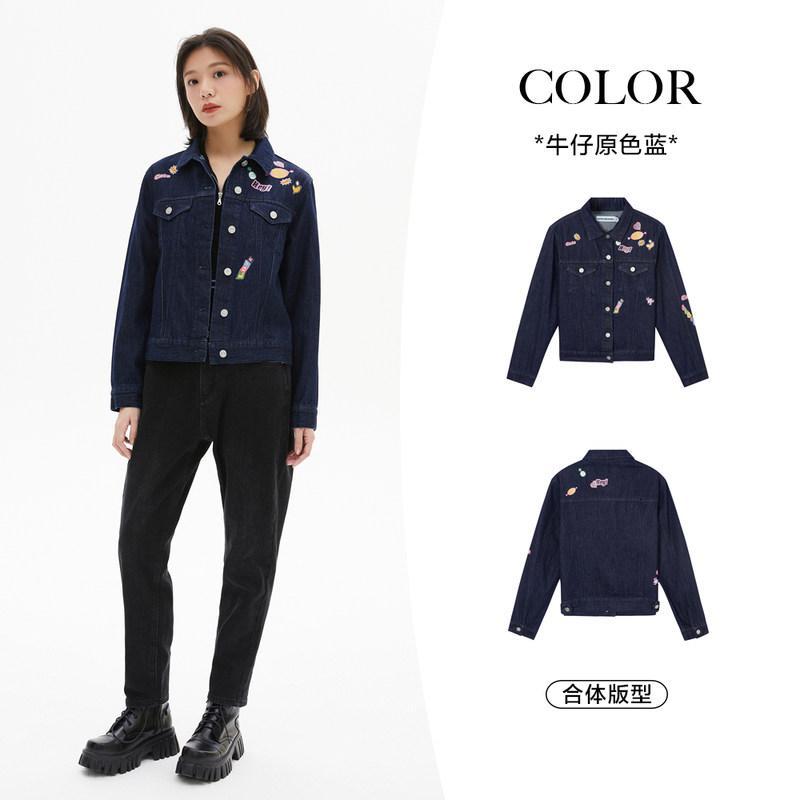 美特斯邦威时尚染整印花牛仔夹克女2022春季新款潮流外套_244 165/L（110-125斤） 牛仔原色蓝