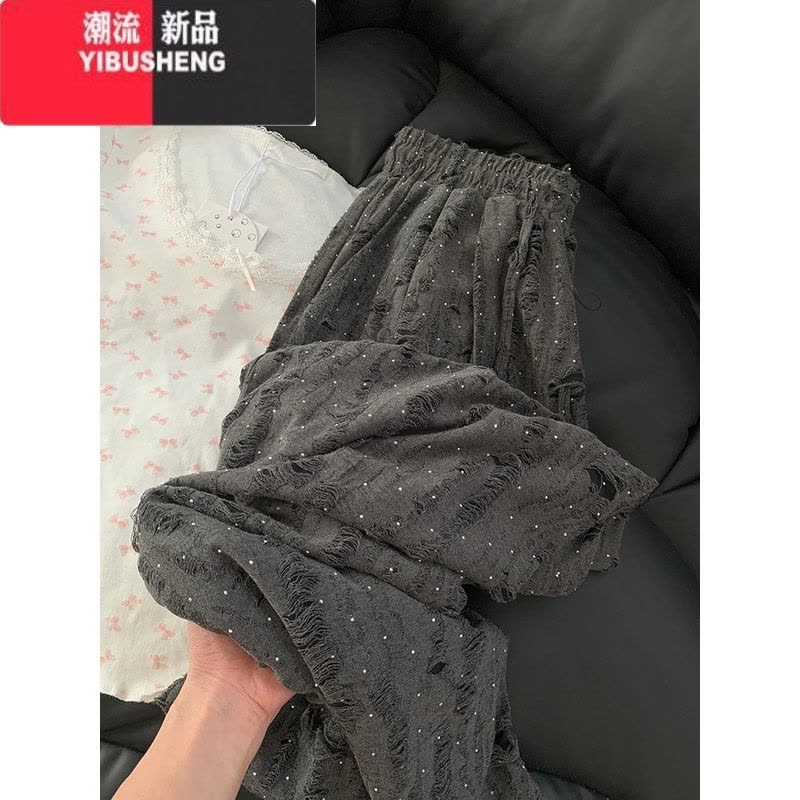 YIBUSHENG破洞烫钻粉色裤子女季薄款松紧腰抽绳显瘦阔腿裤垂感防晒休闲裤图片