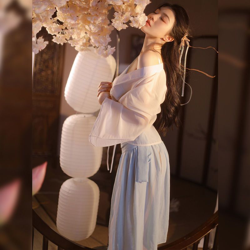 米白 蓝色【情趣套装】 霏慕古风小家碧玉套装情趣内衣肚兜夫妻用品床