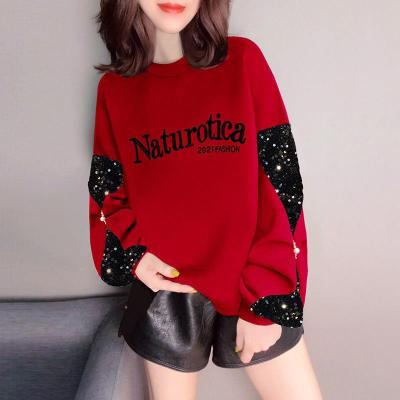 减龄字母印花亮片拼接圆领红色卫衣2021秋季女装新款欧货潮