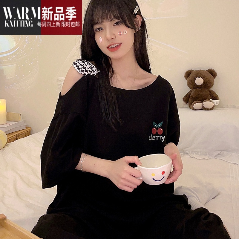 SHANCHAO睡裙夏季女士插肩短袖睡衣圆领卡通玉桂狗2023新款套头长裙家居服