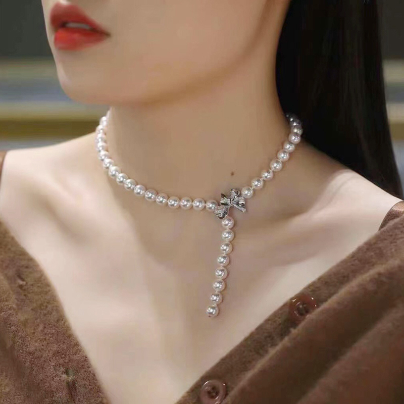 海瞳 淡水珍珠项链女正圆时尚质蝴蝶结扣一款两戴短款珍珠项链颈链