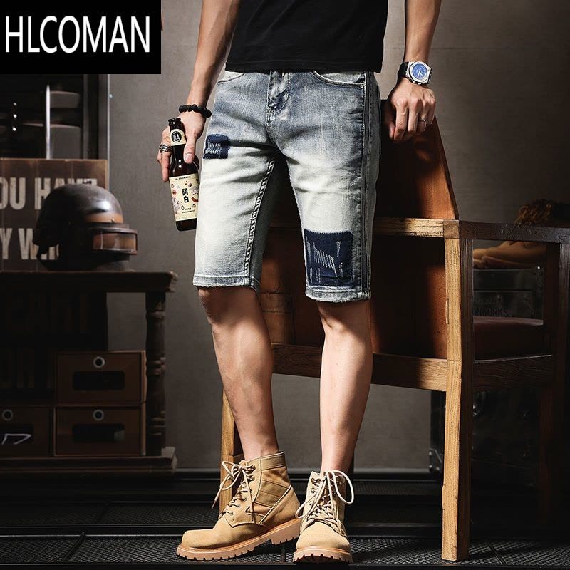HLCOMAN复古高端牛仔短裤男潮牌ins夏季薄款休闲弹力五分裤个性潮流中裤图片