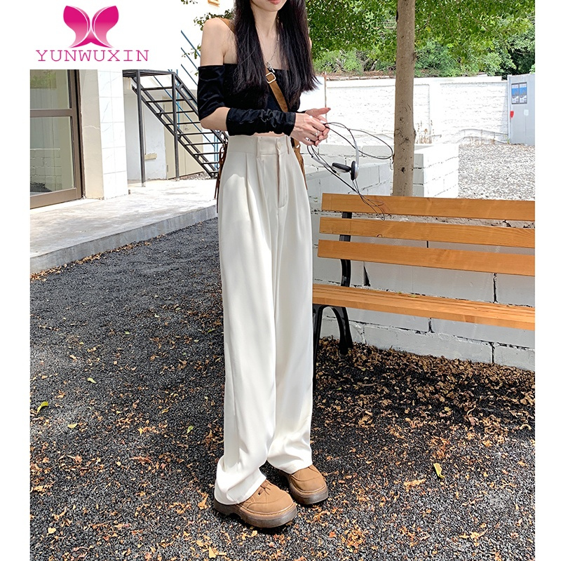 YUNWUXIN垂感宽松直筒休闲裤女秋季新款高腰阔腿裤白色西装裤裤子拖地裤夏