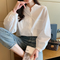 [1.5折价56元]唐狮春季衬衫女净色立领宽松长袖衬衣职场穿搭气质百搭