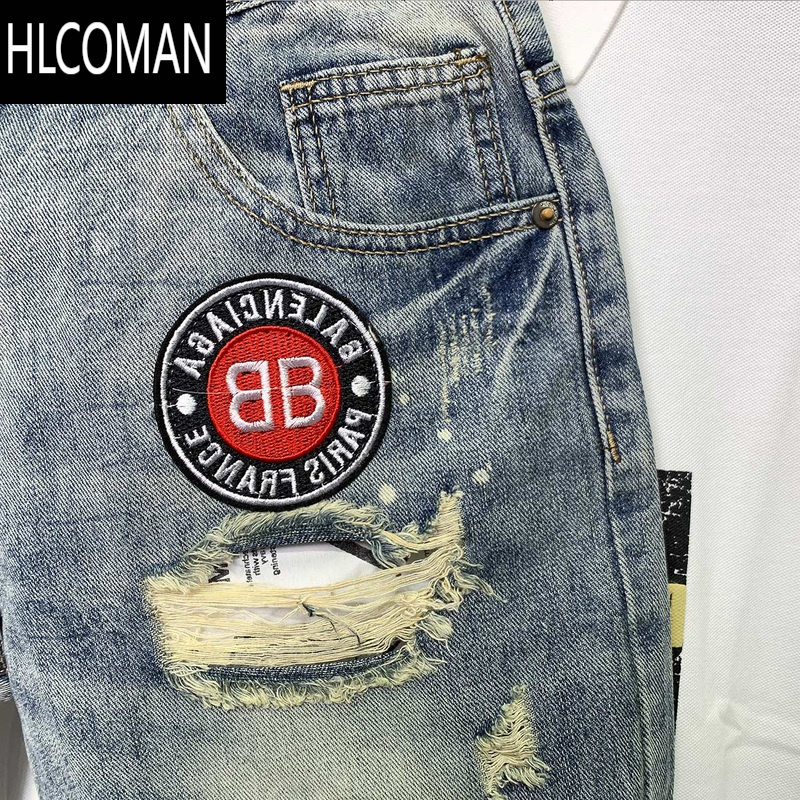 HLCOMAN夏季破洞补丁毛边牛仔短裤男修身五分裤刺绣个性贴标潮牌男装裤子