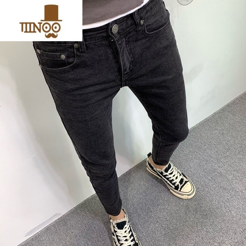 YANXU黑色牛仔长裤男潮牌2023夏季新款韩版休闲弹力修身小脚潮流九分裤图片