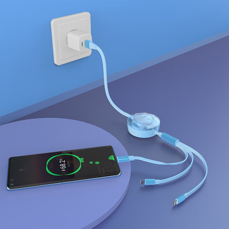 沃品 双拉伸缩快充一拖三数据线LC012粉色高清大图