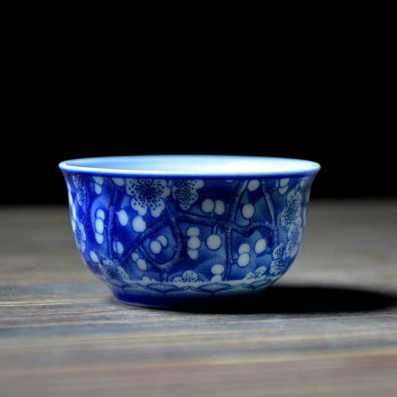 万梅冰青反口杯景德镇陶瓷茶杯青花霁蓝品茗杯功夫茶杯茶具主人杯普洱