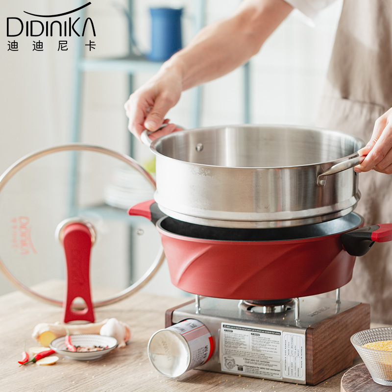迪迪尼卡(Didinika)2019新款28cm浅汤锅家用麦饭石不粘锅多功能双耳煮锅带蒸屉