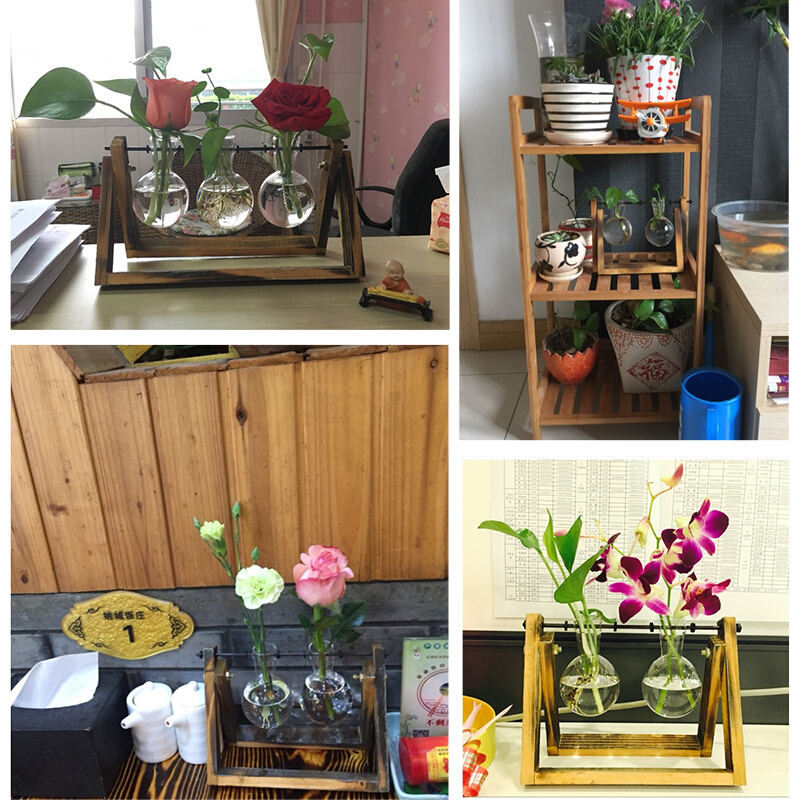 小清新透明玻璃花瓶摆件现代简约木架水培植物容器客厅餐桌家居日用家居