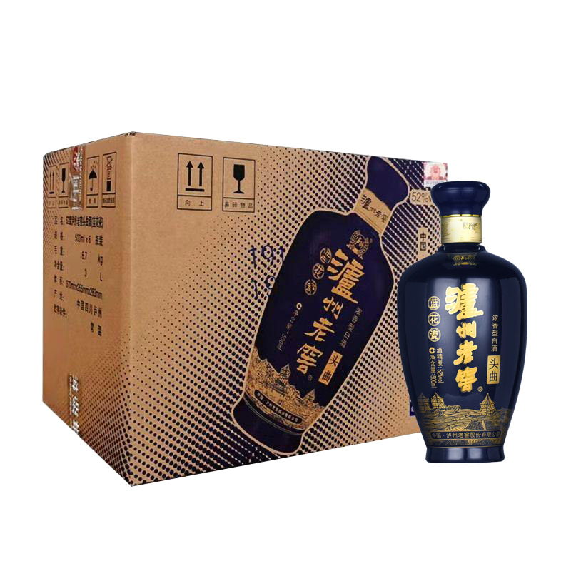 [MN]泸州老窖头曲蓝花瓷白酒 52度500ml*6瓶整箱 高度浓香型纯粮食酒光瓶口粮酒高清大图
