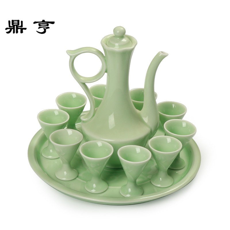 鼎亨家用酒壶醒酒器白酒杯高脚陶瓷酒具仿古酒壶1斤龙泉青瓷酒具