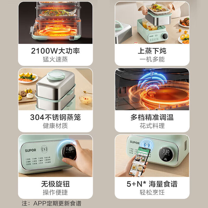 苏泊尔(SUPOR)电蒸锅大功率猛火速蒸上蒸下炖多档调温304不锈钢蒸笼智能预约料理锅10L容量 ZN2030FC833