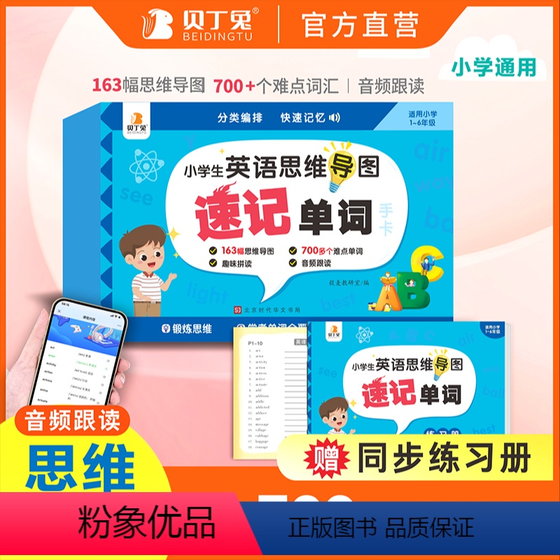 小学生思维导图速记单词 [正版]贝丁兔小学生思维导图英语速记单词 小学英语速记单词手卡 人教pep版三年级起点词汇大全必