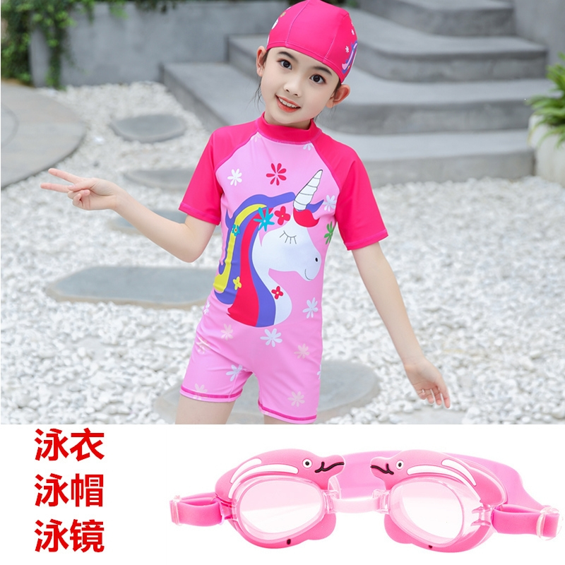 儿童连体泳衣女童中大童卡通泳装公主闪电客小女孩宝宝可爱游泳套装