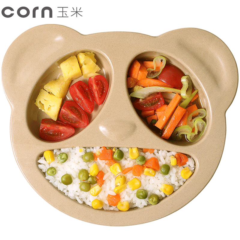 玉米(corn) 稻壳儿童餐盘 熊猫餐盘1个 卡通辅食餐盘 宝宝卡通餐盘碟 家用盘子餐具套装 三格盘