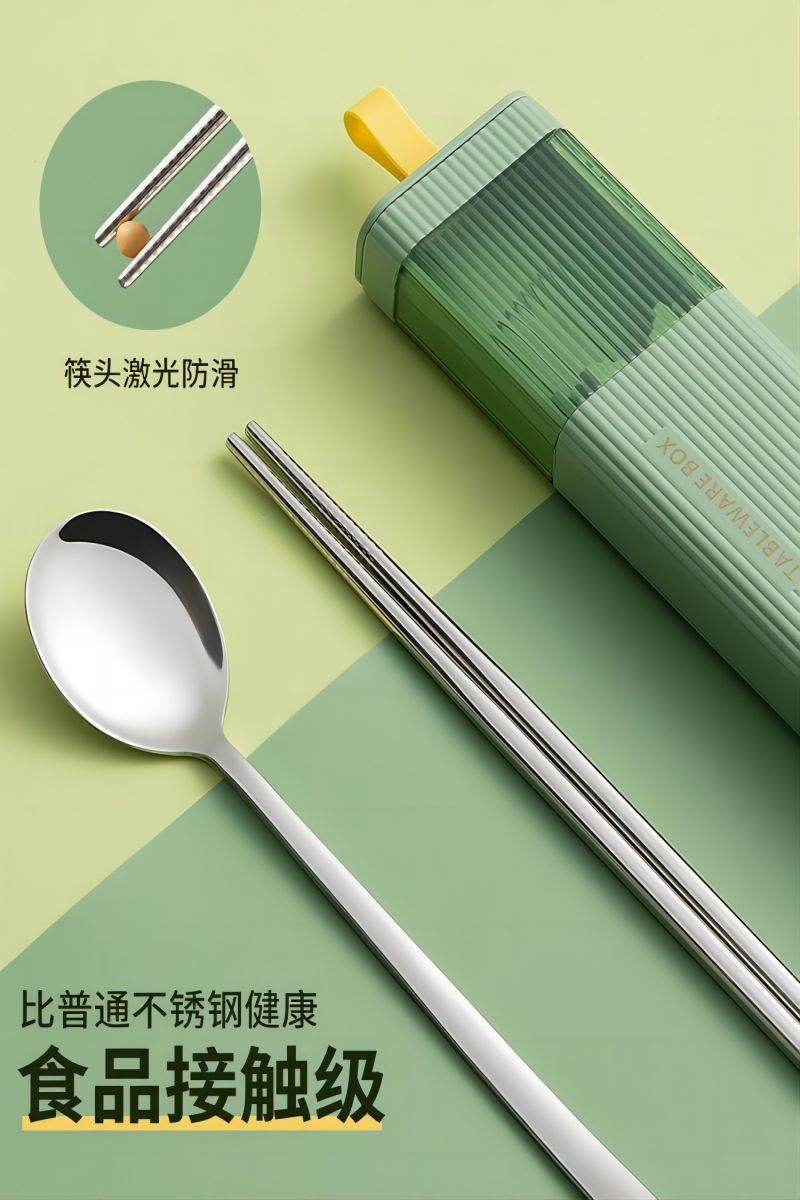 双枪筷子勺子套装便携筷餐具学生抗菌不锈钢筷勺子套装餐具收纳盒高清大图
