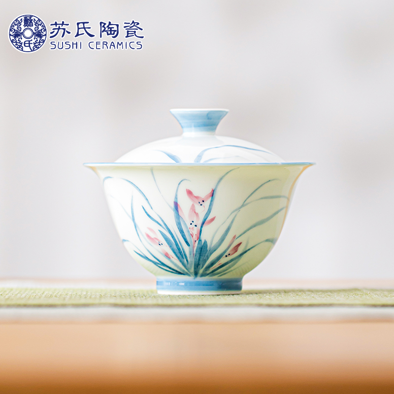 苏氏陶瓷(SUSHI CERAMICS)手绘羊脂玉瓷兰花二才盖碗非遗老师苏爱珍作品高清大图