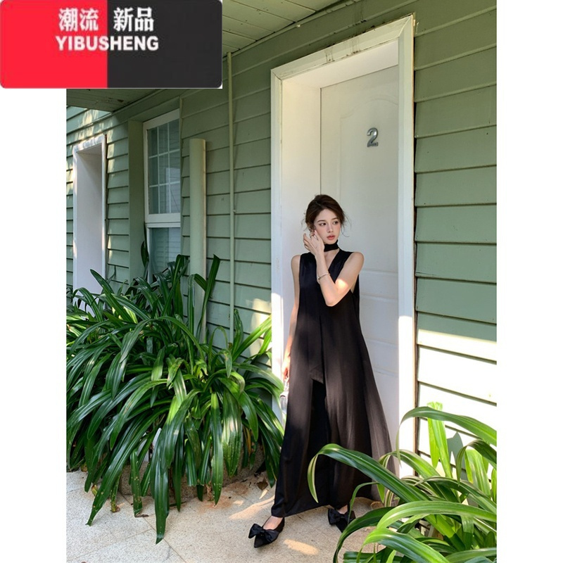 YIBUSHENG韩系气质黑色V领背心连衣裙女季2024新款高级感宽松百搭长裙子