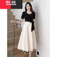 YIBUSHENG假两件短袖方领收腰连衣裙女装2024季新款梨型身材穿搭茶歇裙子